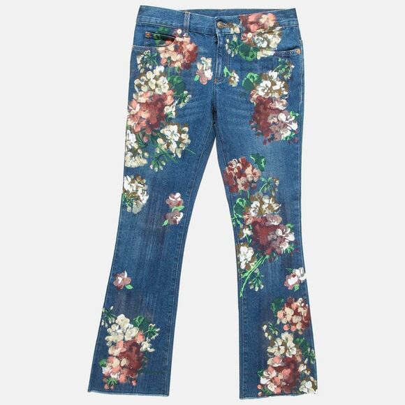 Gucci Blue Floral Hand Painted Denim Jeans Xs Waist 23